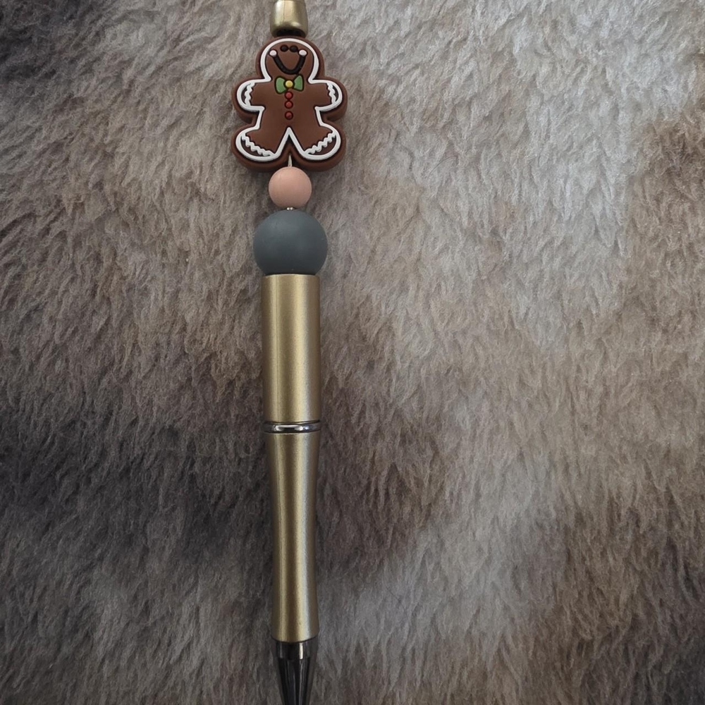 Gold Retractable Pen with Pink and Gray Bead Charm